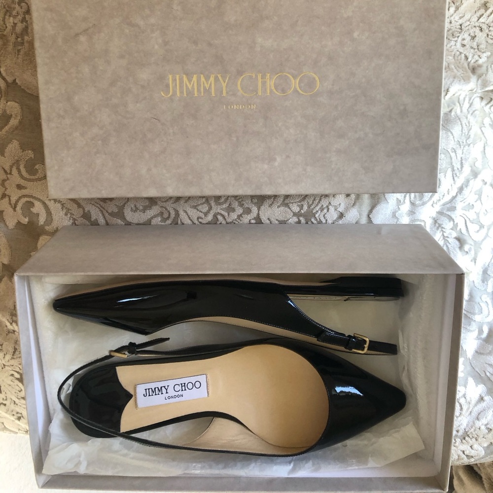 NEW! JIMMY CHOO Black Patent Leather Sling Back